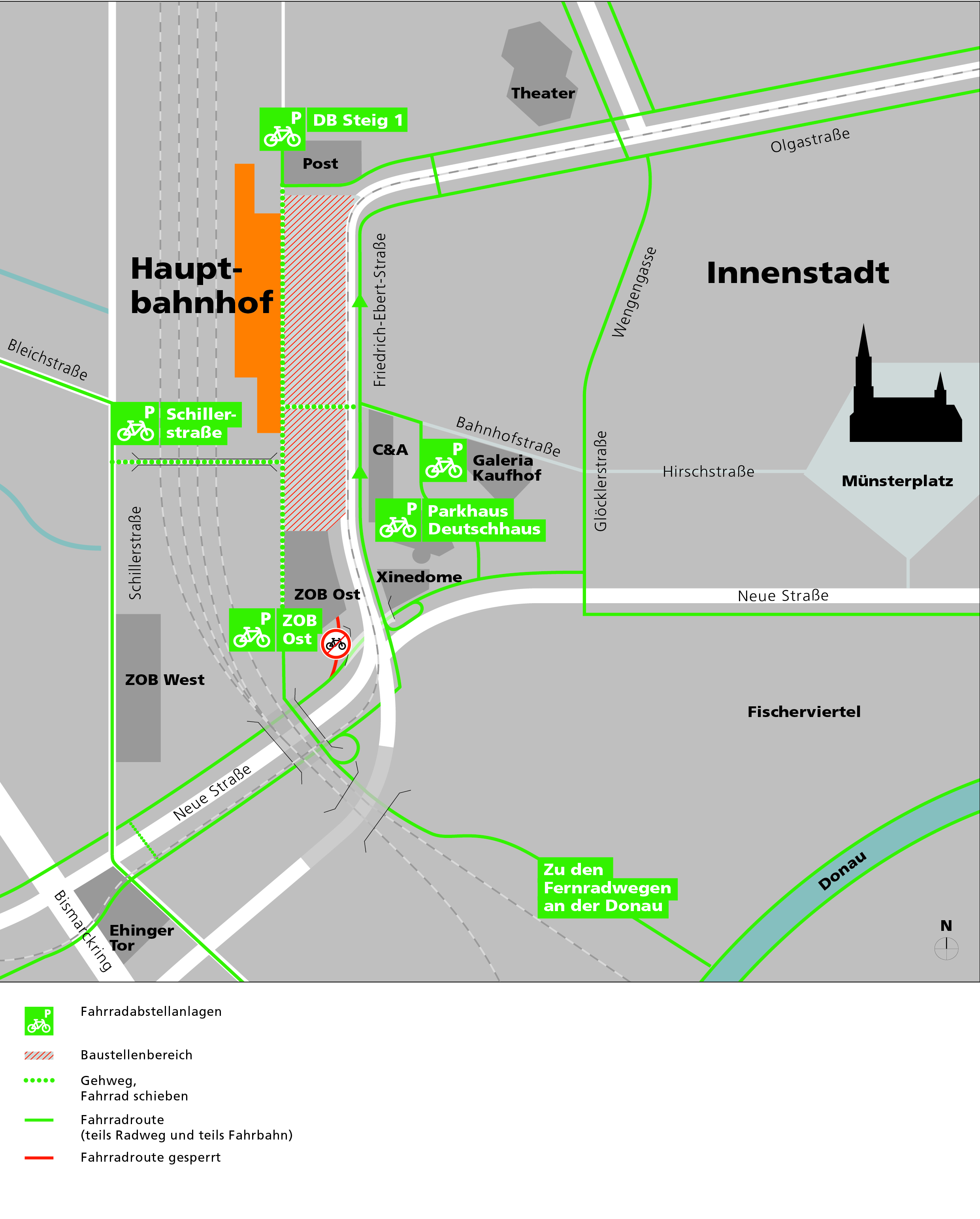 Umleitungen für Radfahrer vom Ulmer Hauptbahnhof