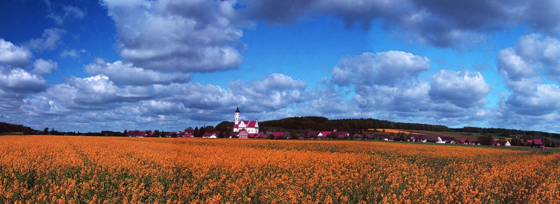 Weite Landschaft mit Feldern unter bewölktem Himmel, Gebäudegruppe in der Ferne.